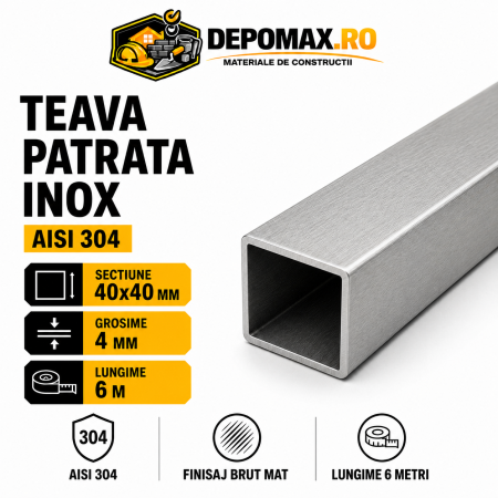 Teava patrata inox AISI 304, 40 x 40 x 4 mm, 6 metri